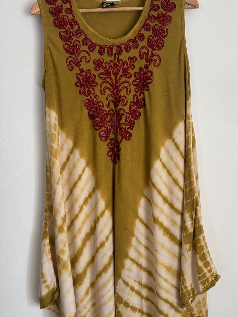 OMJA World Boho Tie Dye Tank Dress Embroidered Sun Dress One Size Mustard Red